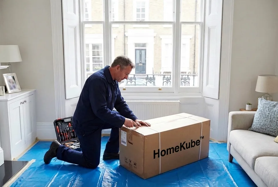 Professional engineer carefully installing air conditioning in a London apartment